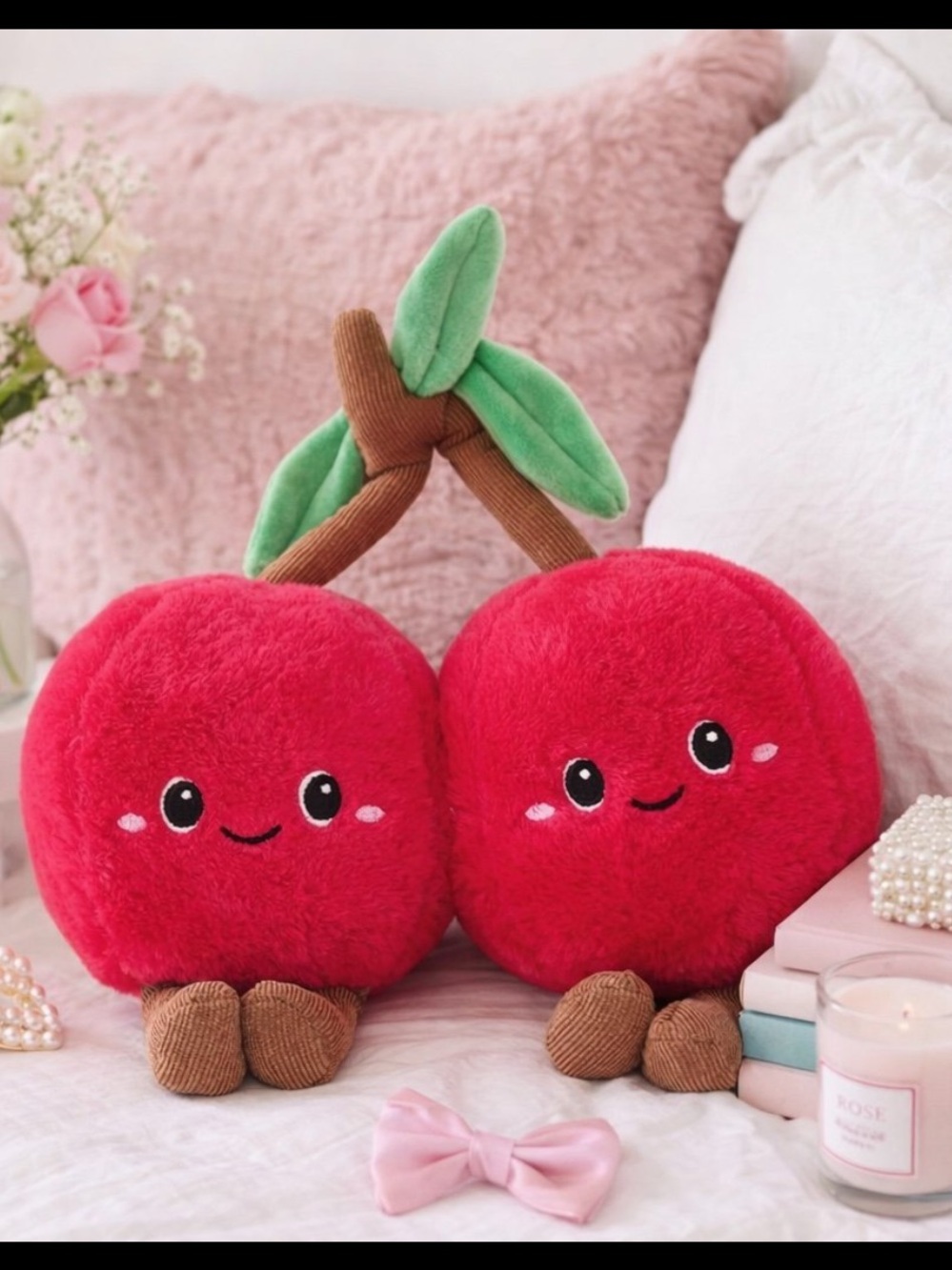 Linzy Double Cherry Stuffed Plush Bright Red with Green Leaves